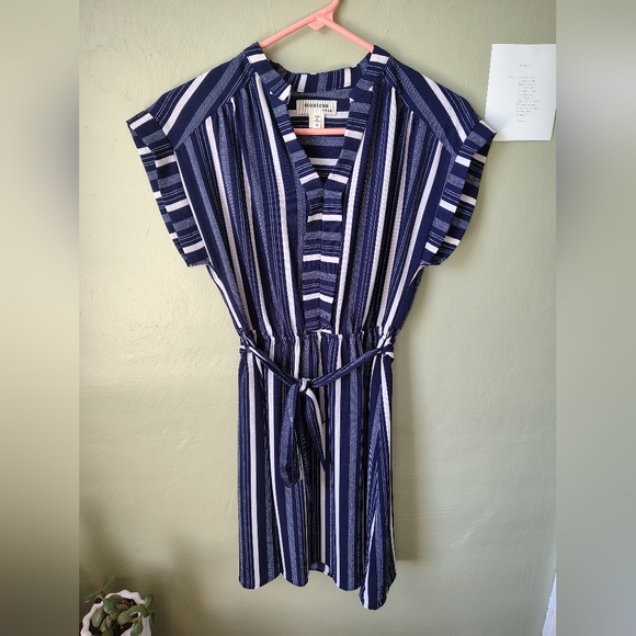 *NWOT* Monteau LA Women's Medium Blue & Black Striped Midi Dress Tie Waist - Picture 4 of 16